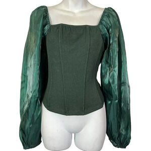 Oddy Womens Sheer Puff Sleeve Boned Ribbed Green Top Shirt Blouse NWT sz Large